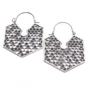 Silver Boho Style Hexagon Honeycomb Dangling Hinged Hook Earrings